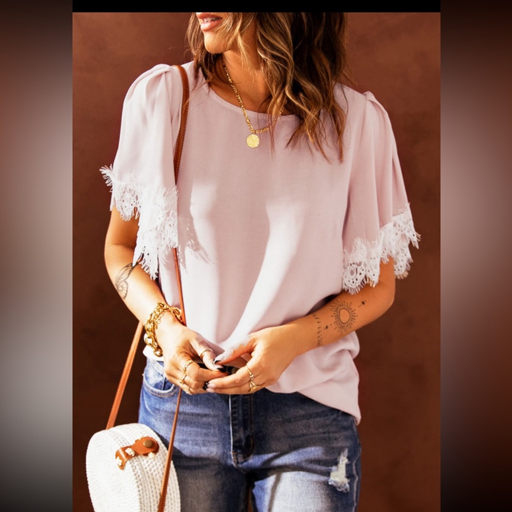 Pink flutter lace sleeve top